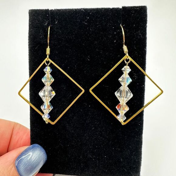 2" Gold tone and Aurora Borealis crystal beaded, diamond shaped dangle earrings! - Picture 1 of 11
